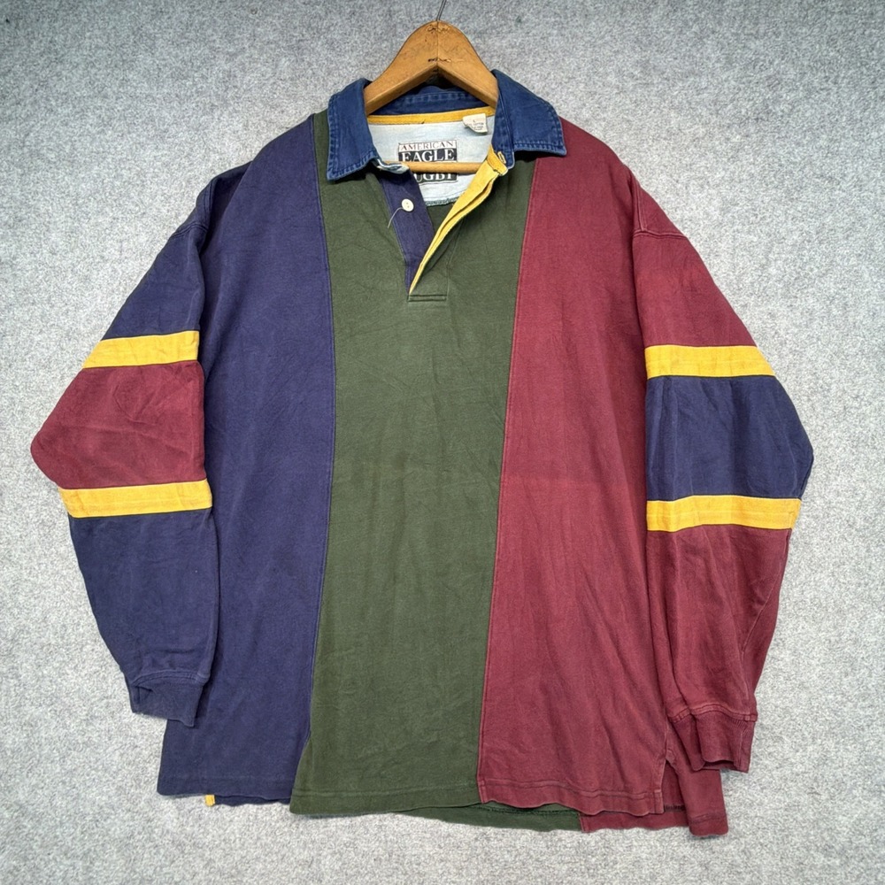Vintage American Eagle Color Block Rugby Shirt Mens Sz Large 90s